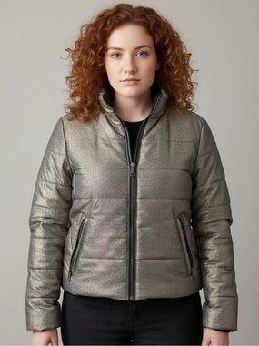 Design Lab Lord & Taylor Iridescent Metallic Quilted Puffer Jacket